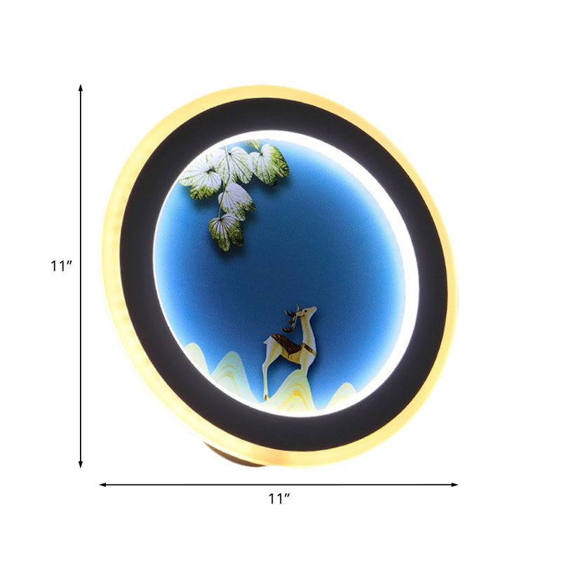 Vivolux | Blau/Geel Runde Wandmontierte Beleuchtung Nordischer Stil LED Acryl Wandbild Licht mit Elch Hirsch Design