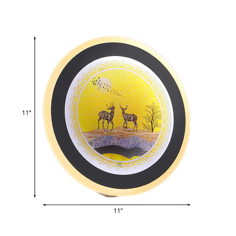 Vivolux | Blau/Geel Runde Wandmontierte Beleuchtung Nordischer Stil LED Acryl Wandbild Licht mit Elch Hirsch Design