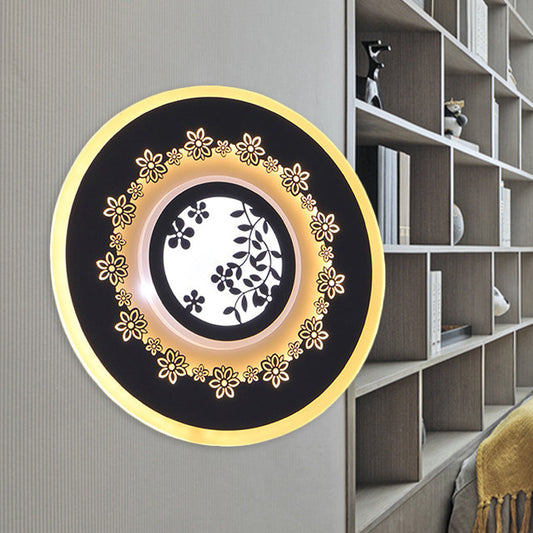 Vivolux | Runde Flur Wandmontage-Leuchte Acryl LED Einfache Wandbildlampe in Schwarz mit Feder-/Blütenmuster