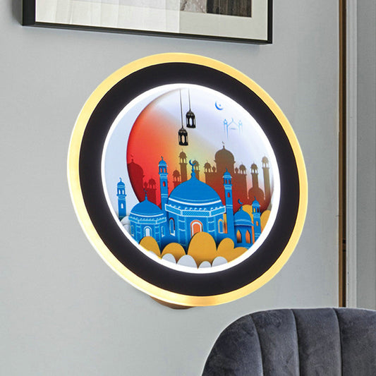 Vivolux | Rosa/Blaue Zirkular Wandmural Licht Asiastil LED Acryl Wandbeleuchtung Idee mit Reh/Schloss Muster
