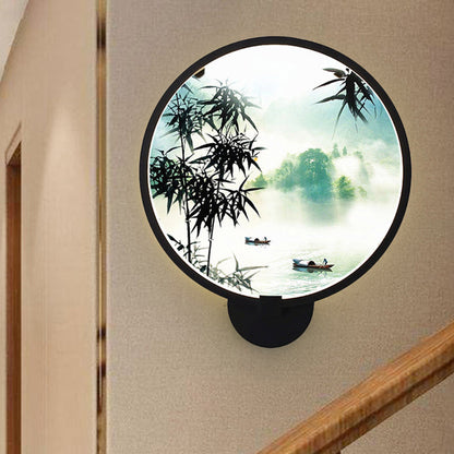 Vivolux | Asiatische stijl afgeronde natuurlijke landschap muurschildering lichte acryl LED woonkamer wandlamp in zwart
