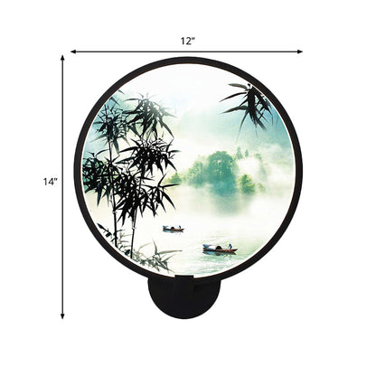 Vivolux | Asiatische stijl afgeronde natuurlijke landschap muurschildering lichte acryl LED woonkamer wandlamp in zwart