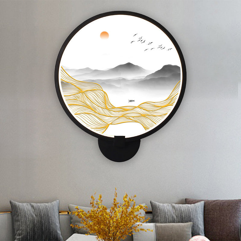 Vivolux | Asiatische stijl afgeronde natuurlijke landschap muurschildering lichte acryl LED woonkamer wandlamp in zwart