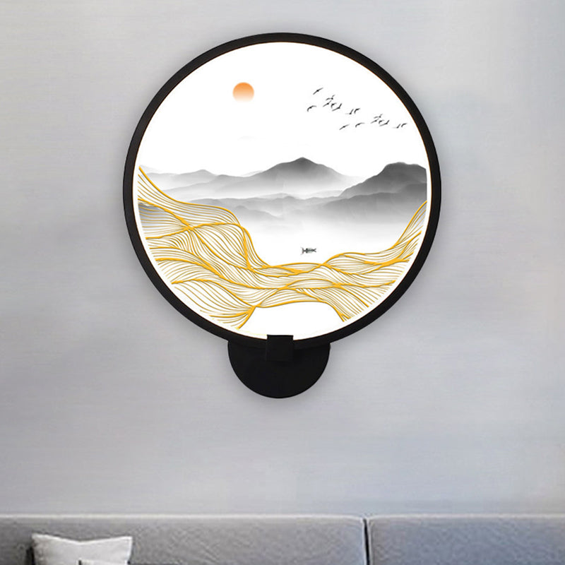 Vivolux | Asiatische stijl afgeronde natuurlijke landschap muurschildering lichte acryl LED woonkamer wandlamp in zwart