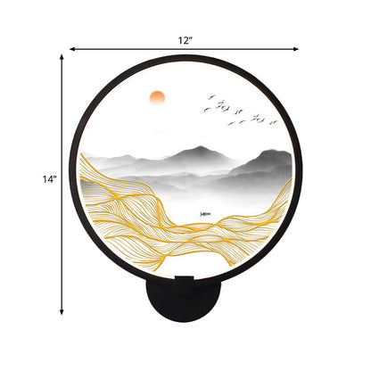 Vivolux | Asiatische stijl afgeronde natuurlijke landschap muurschildering lichte acryl LED woonkamer wandlamp in zwart