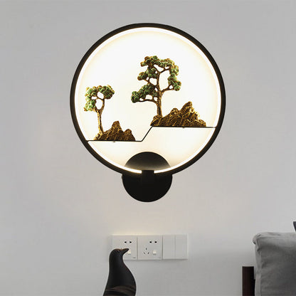 Vivolux | Asiatische stijl afgeronde natuurlijke landschap muurschildering lichte acryl LED woonkamer wandlamp in zwart