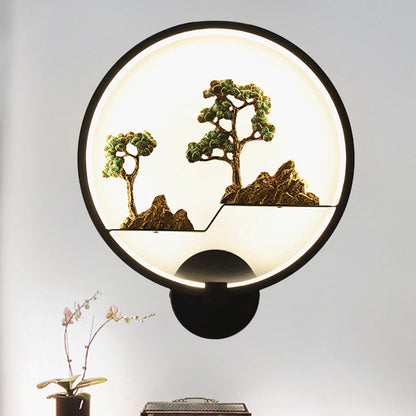 Vivolux | Asiatische stijl afgeronde natuurlijke landschap muurschildering lichte acryl LED woonkamer wandlamp in zwart