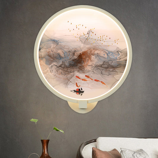 Vivolux | Weiße Runde Fisch- und Vogel-Wandlampe Chinesischer Stil LED Acryl Wandmural Lampe für Flur