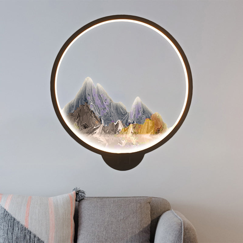 Vivolux | LED Gang Wandmural Lampe Chinesischer Stil Schwarz/Weiß Bergmuster Wandbeleuchtung Idee mit runder Metallabdeckung