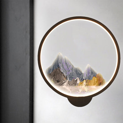 Vivolux | LED Gang Wandmural Lampe Chinesischer Stil Schwarz/Weiß Bergmuster Wandbeleuchtung Idee mit runder Metallabdeckung