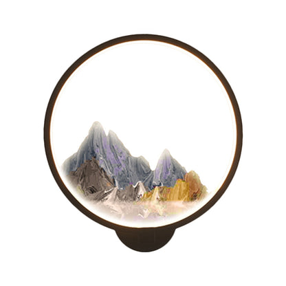 Vivolux | LED Gang Wandmural Lampe Chinesischer Stil Schwarz/Weiß Bergmuster Wandbeleuchtung Idee mit runder Metallabdeckung