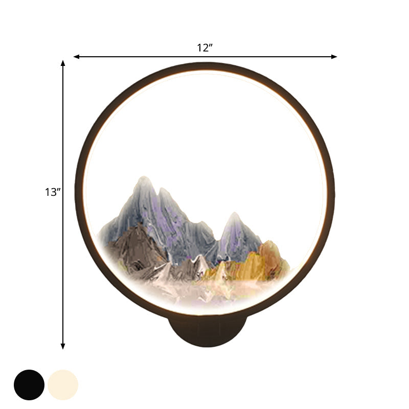 Vivolux | LED Gang Wandmural Lampe Chinesischer Stil Schwarz/Weiß Bergmuster Wandbeleuchtung Idee mit runder Metallabdeckung