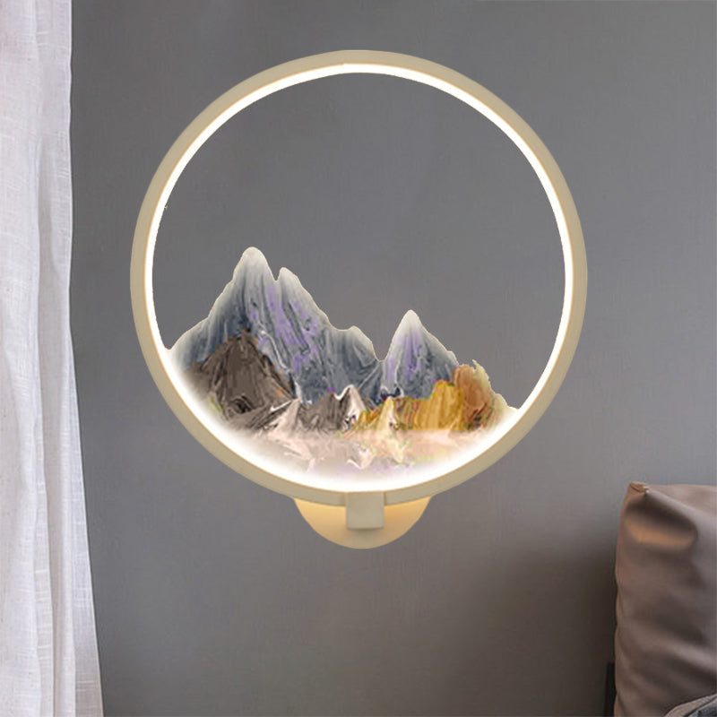 Vivolux | LED Gang Wandmural Lampe Chinesischer Stil Schwarz/Weiß Bergmuster Wandbeleuchtung Idee mit runder Metallabdeckung