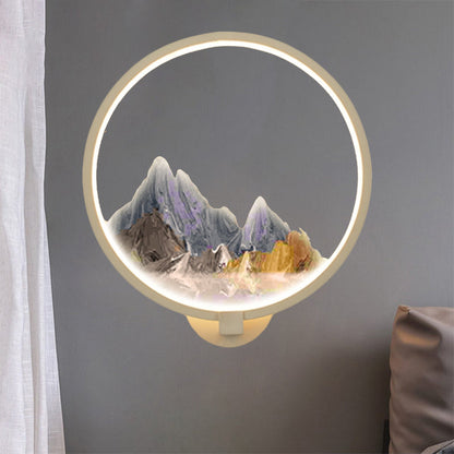 Vivolux | LED Gang Wandmural Lampe Chinesischer Stil Schwarz/Weiß Bergmuster Wandbeleuchtung Idee mit runder Metallabdeckung