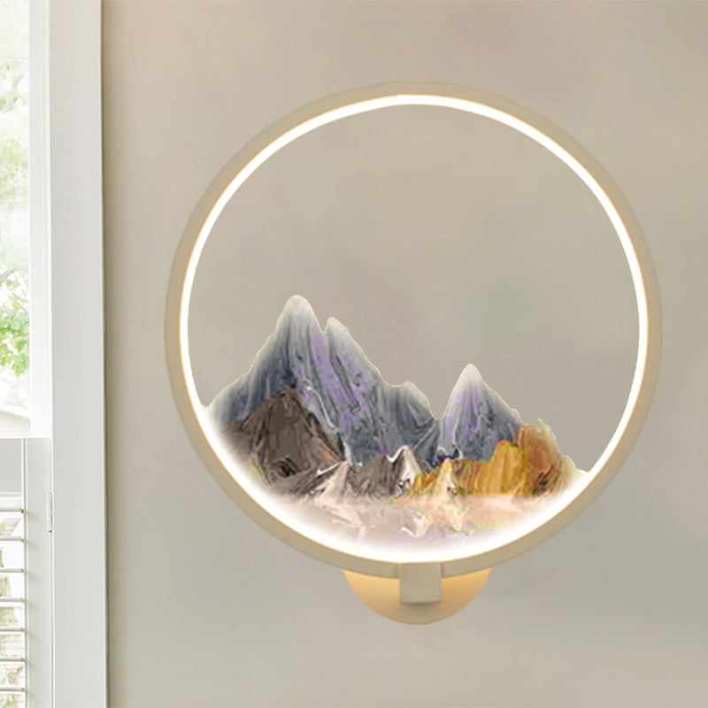 Vivolux | LED Gang Wandmural Lampe Chinesischer Stil Schwarz/Weiß Bergmuster Wandbeleuchtung Idee mit runder Metallabdeckung