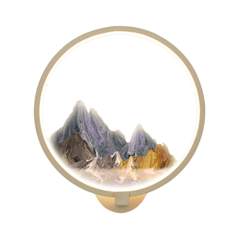 Vivolux | LED Gang Wandmural Lampe Chinesischer Stil Schwarz/Weiß Bergmuster Wandbeleuchtung Idee mit runder Metallabdeckung