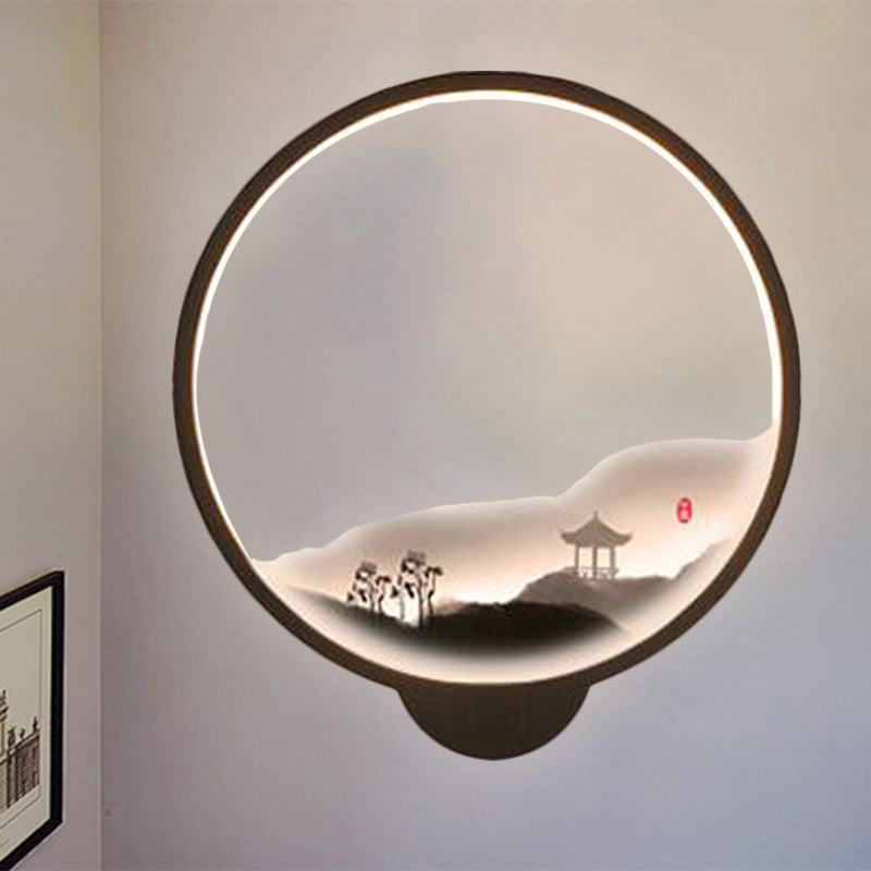 Vivolux | LED Gang Wandmural Lampe Chinesischer Stil Schwarz/Weiß Bergmuster Wandbeleuchtung Idee mit runder Metallabdeckung