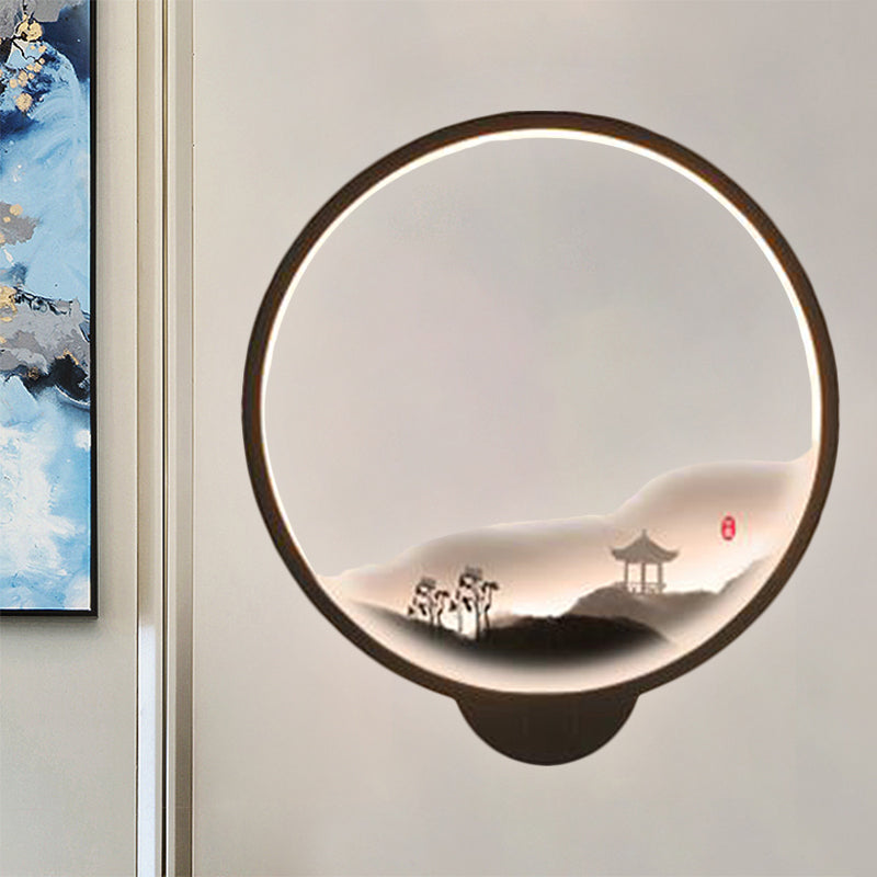 Vivolux | LED Gang Wandmural Lampe Chinesischer Stil Schwarz/Weiß Bergmuster Wandbeleuchtung Idee mit runder Metallabdeckung