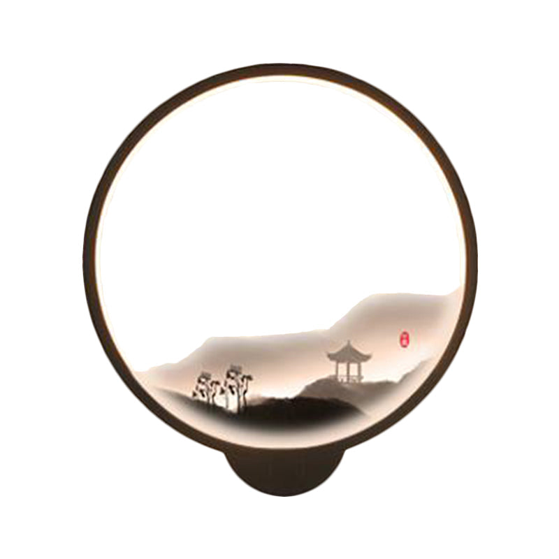 Vivolux | LED Gang Wandmural Lampe Chinesischer Stil Schwarz/Weiß Bergmuster Wandbeleuchtung Idee mit runder Metallabdeckung
