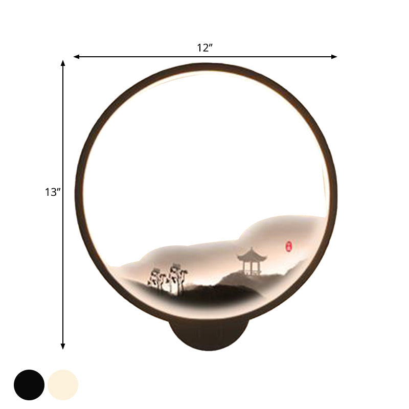 Vivolux | LED Gang Wandmural Lampe Chinesischer Stil Schwarz/Weiß Bergmuster Wandbeleuchtung Idee mit runder Metallabdeckung