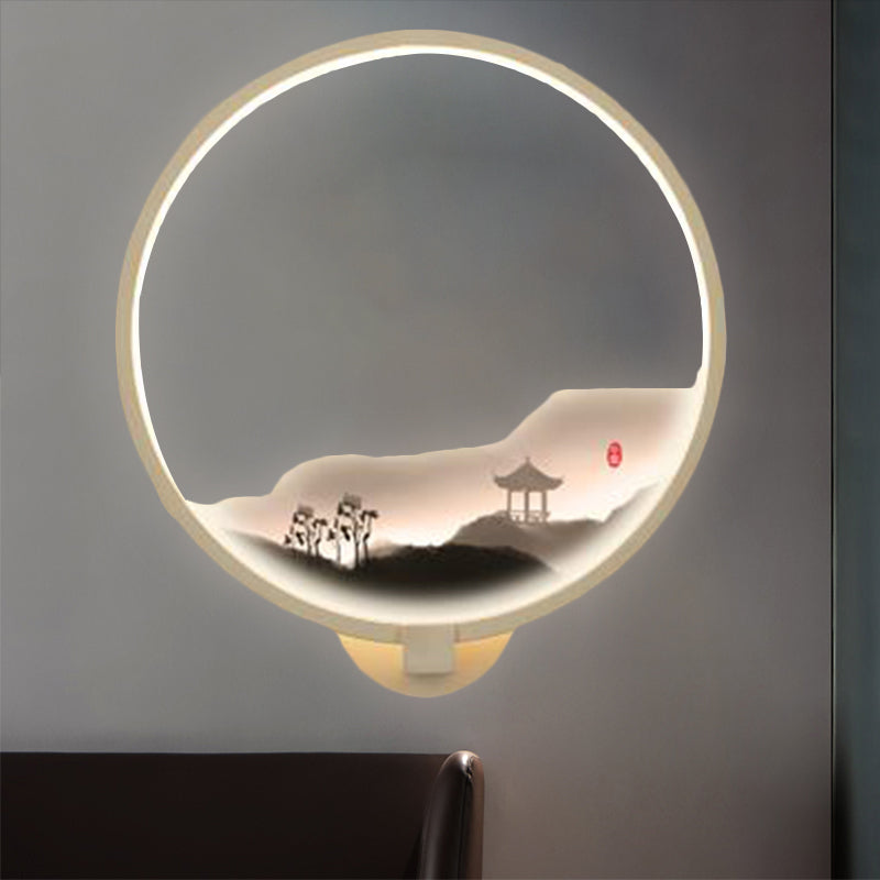 Vivolux | LED Gang Wandmural Lampe Chinesischer Stil Schwarz/Weiß Bergmuster Wandbeleuchtung Idee mit runder Metallabdeckung