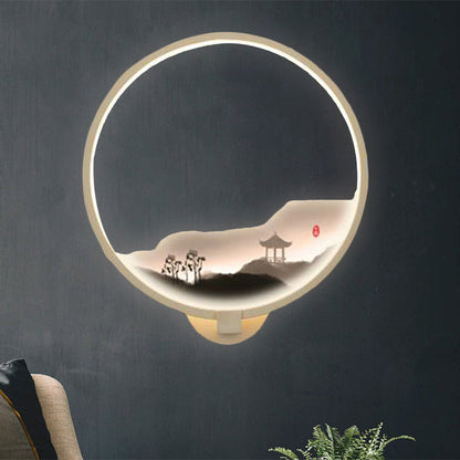 Vivolux | LED Gang Wandmural Lampe Chinesischer Stil Schwarz/Weiß Bergmuster Wandbeleuchtung Idee mit runder Metallabdeckung