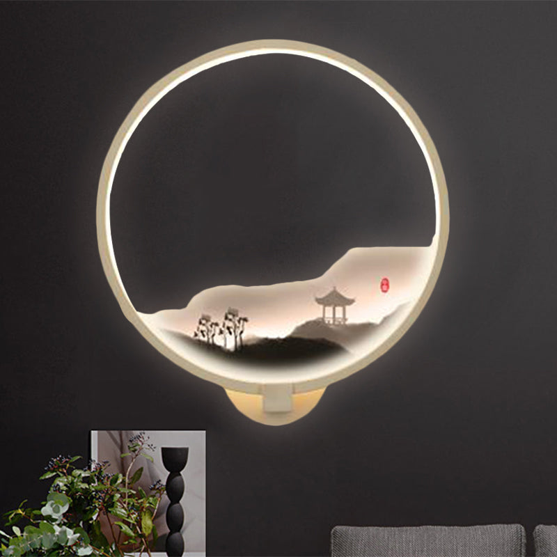 Vivolux | LED Gang Wandmural Lampe Chinesischer Stil Schwarz/Weiß Bergmuster Wandbeleuchtung Idee mit runder Metallabdeckung