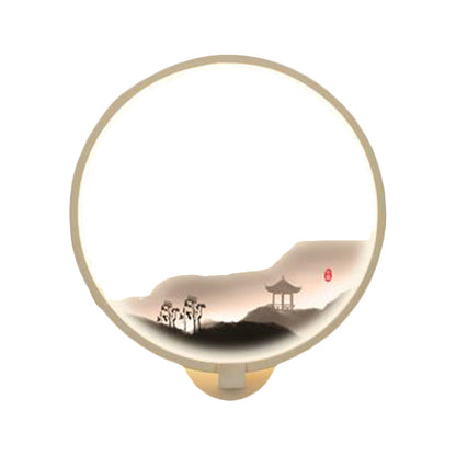 Vivolux | LED Gang Wandmural Lampe Chinesischer Stil Schwarz/Weiß Bergmuster Wandbeleuchtung Idee mit runder Metallabdeckung