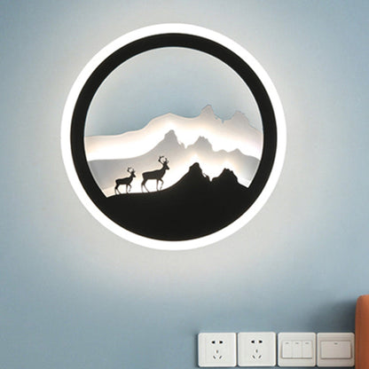 Vivolux | Acryl Runde Hirsch und Berg Wandleuchte Chinesischer Stil LED Schwarz und Weiß Wandmural Lampe