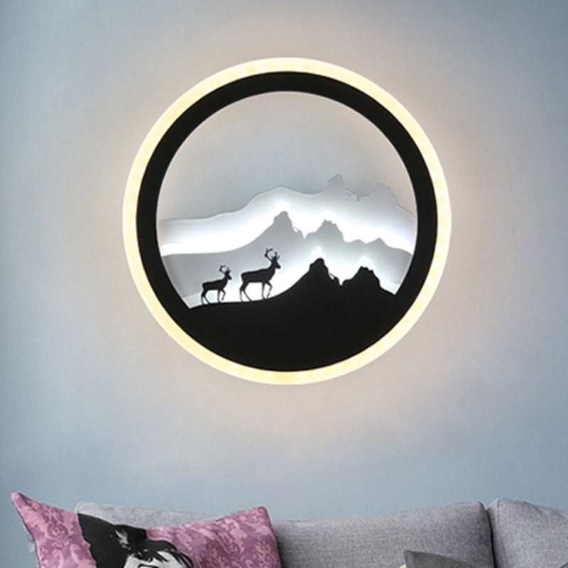 Vivolux | Acryl Runde Hirsch und Berg Wandleuchte Chinesischer Stil LED Schwarz und Weiß Wandmural Lampe