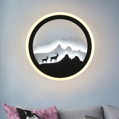 Vivolux | Acryl Runde Hirsch und Berg Wandleuchte Chinesischer Stil LED Schwarz und Weiß Wandmural Lampe