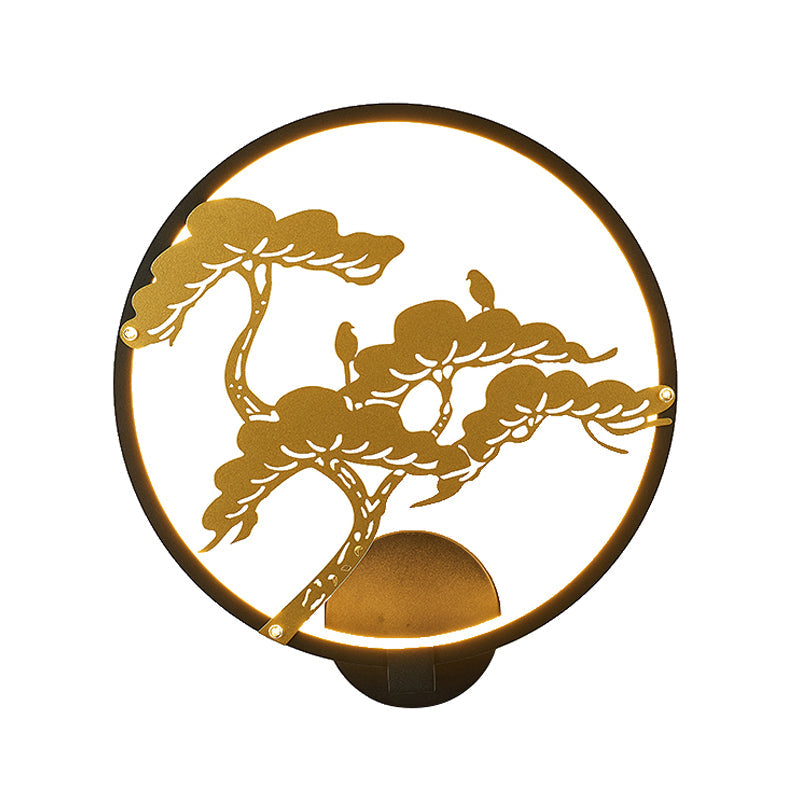 Vivolux | Chinesischer Stil LED Wandmural Lampe Metall Schwarz/Weiß Kreisförmiges Kiefer Baum Muster Wandbeleuchtung