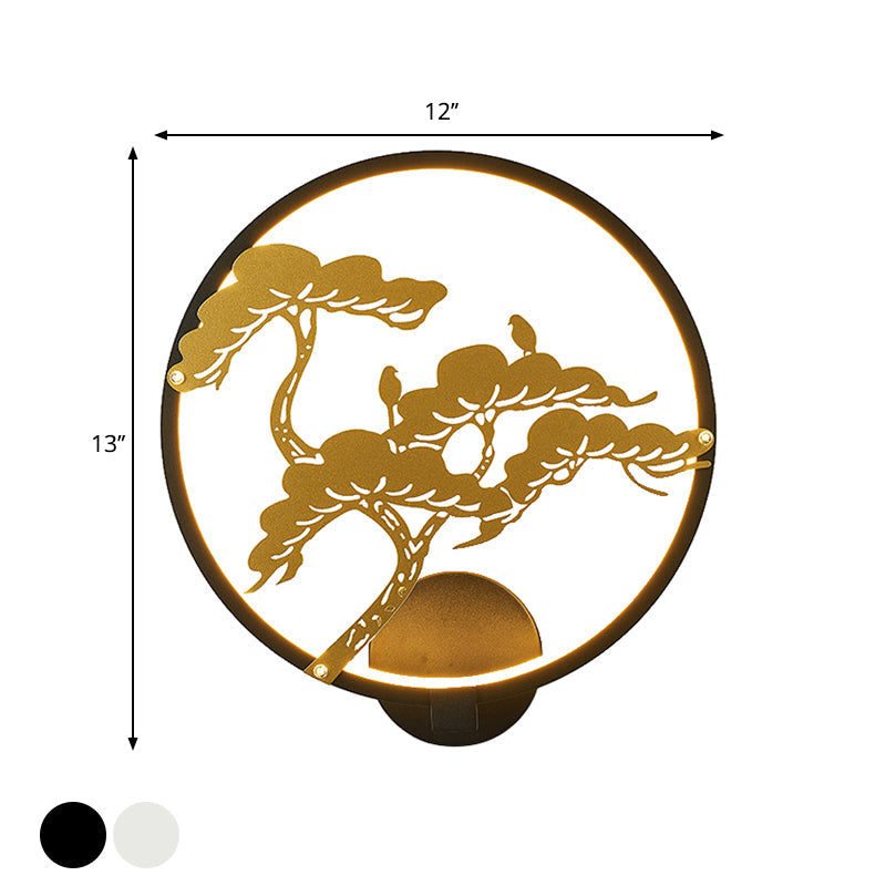 Vivolux | Chinesischer Stil LED Wandmural Lampe Metall Schwarz/Weiß Kreisförmiges Kiefer Baum Muster Wandbeleuchtung