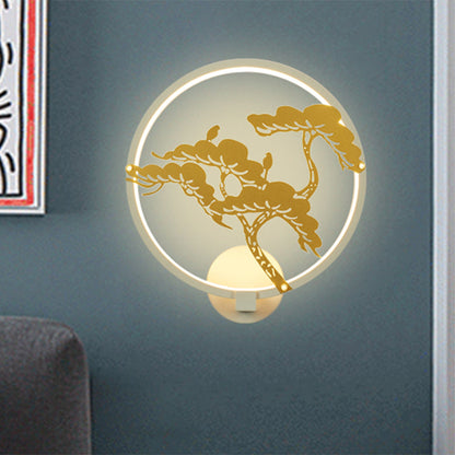 Vivolux | Chinesischer Stil LED Wandmural Lampe Metall Schwarz/Weiß Kreisförmiges Kiefer Baum Muster Wandbeleuchtung