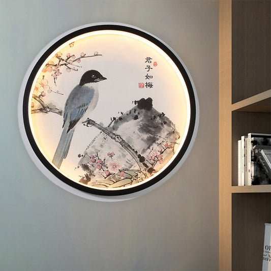 Vivolux | Orientalischer Stil Zirkuläre Metall Wandlampe LED Wandmontiertes Licht in Schwarz mit Blumen-/Vogelmustern