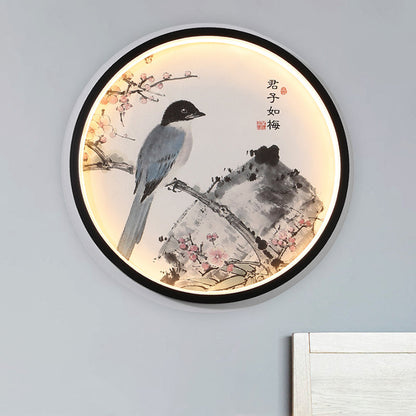 Vivolux | Orientalischer Stil Zirkuläre Metall Wandlampe LED Wandmontiertes Licht in Schwarz mit Blumen-/Vogelmustern