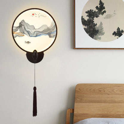Vivolux | LED slaapkamer wandmural licht Chinese stijl zwarte berg wandverlichting met ronde acrylschermen