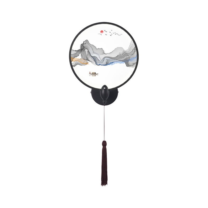 Vivolux | LED slaapkamer wandmural licht Chinese stijl zwarte berg wandverlichting met ronde acrylschermen