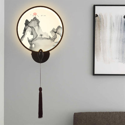 Vivolux | LED slaapkamer wandmural licht Chinese stijl zwarte berg wandverlichting met ronde acrylschermen