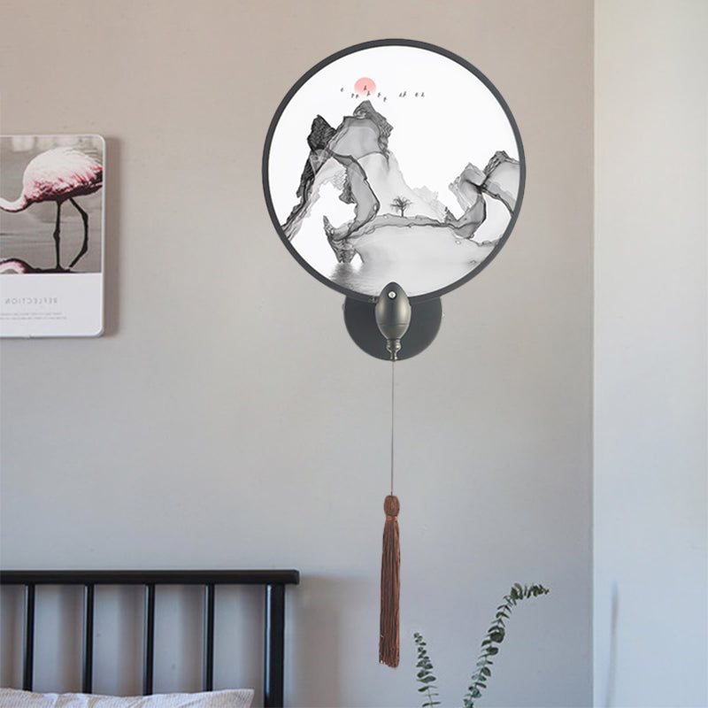Vivolux | LED slaapkamer wandmural licht Chinese stijl zwarte berg wandverlichting met ronde acrylschermen