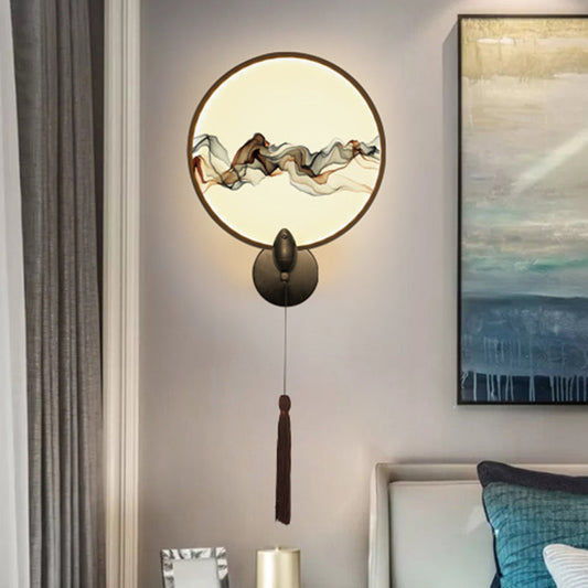 Vivolux | LED Schlafzimmer Wandmontierte Licht Oriental Weiß/Schwarz Rauchmuster Wandbeleuchtung mit runder Metallabdeckung