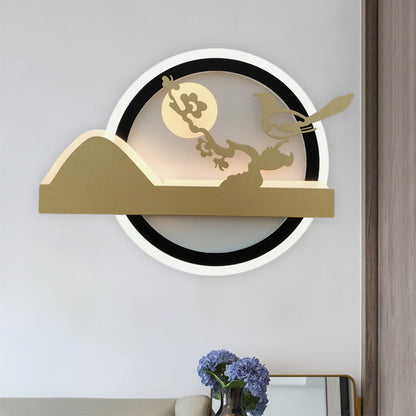Vivolux | Gold Runde Wandmontierte Leuchten Orientalischer Stil LED Acryl Wandmural Licht mit Vogelmuster