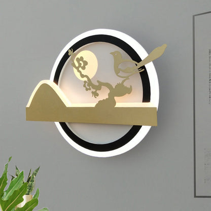 Vivolux | Gold Runde Wandmontierte Leuchten Orientalischer Stil LED Acryl Wandmural Licht mit Vogelmuster