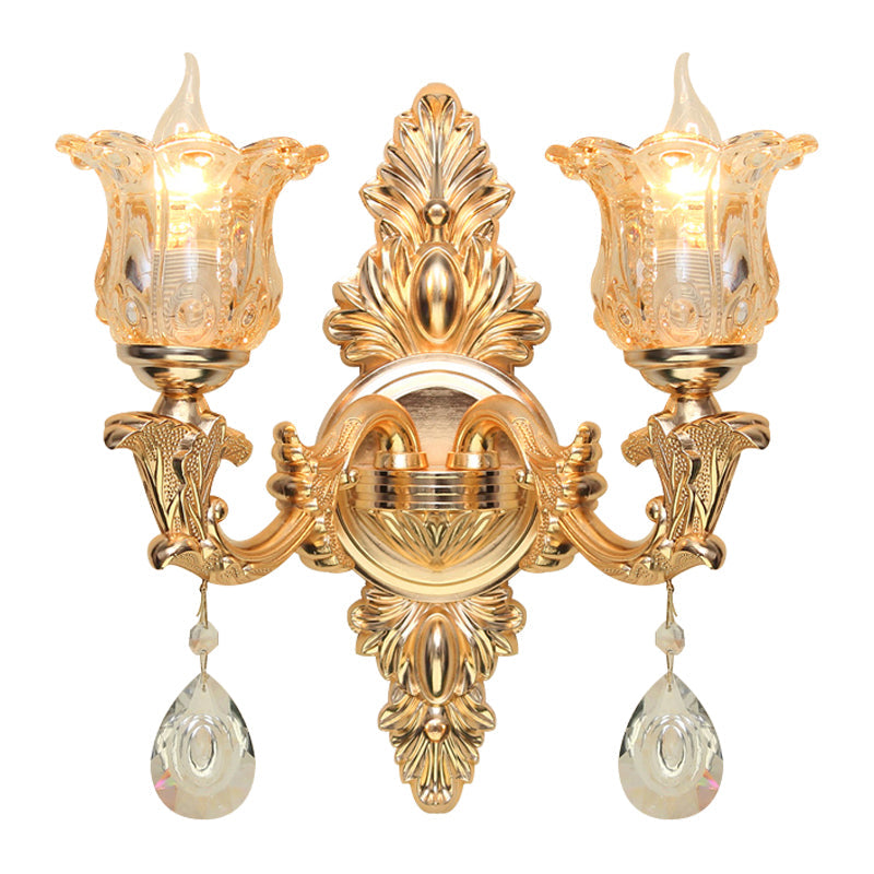 Vivolux | Bellflower Amber Glas Wandlamp Kit Antiek 2 Lichten Woonkamer Wandlamp Armatuur in Goud