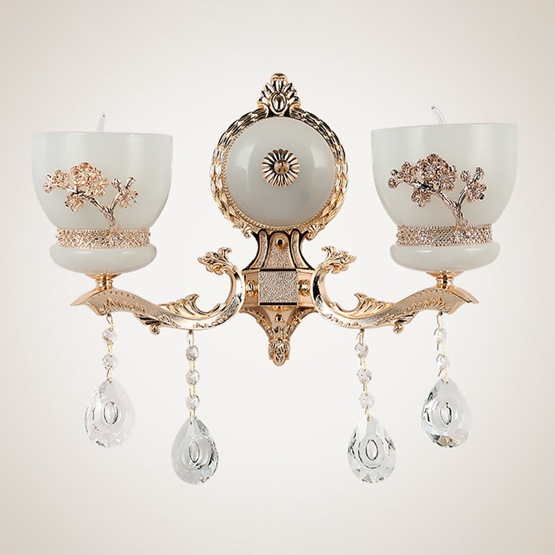 Vivolux | 1/2-Bol Bloem-Relief Kom Wandlamp Rustiek Goud Frosted Glas Wandlamp met Kristal Drop