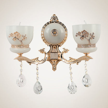 Vivolux | 1/2-Bol Bloem-Relief Kom Wandlamp Rustiek Goud Frosted Glas Wandlamp met Kristal Drop