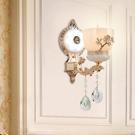 Vivolux | 1/2-Bol Bloem-Relief Kom Wandlamp Rustiek Goud Frosted Glas Wandlamp met Kristal Drop