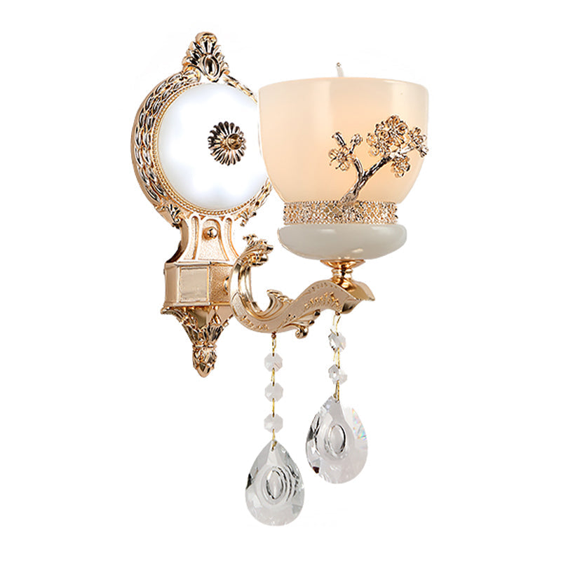 Vivolux | 1/2-Bol Bloem-Relief Kom Wandlamp Rustiek Goud Frosted Glas Wandlamp met Kristal Drop