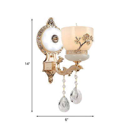 Vivolux | 1/2-Bol Bloem-Relief Kom Wandlamp Rustiek Goud Frosted Glas Wandlamp met Kristal Drop
