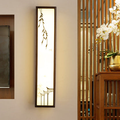 Vivolux | Chinesischer Stil LED Wandmural-Lampe Acryl Braun Rechteckige Wandmontierte Leuchte mit Lotus-/Blattmuster